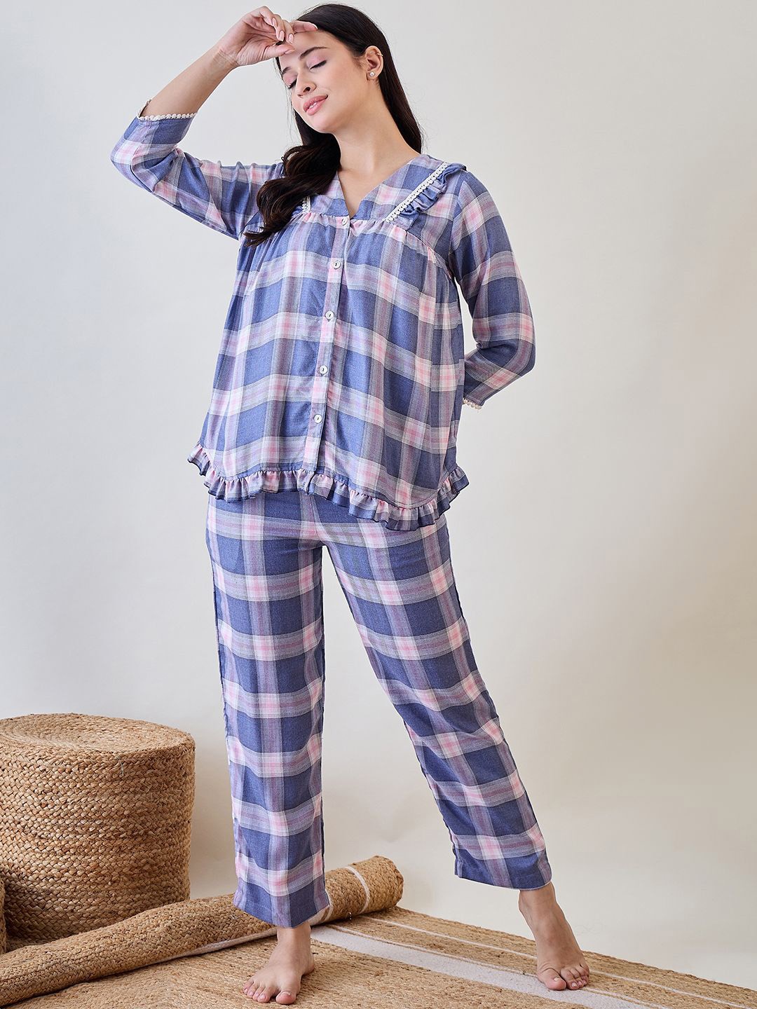 

The Kaftan Company Women Checked Night suit, Blue