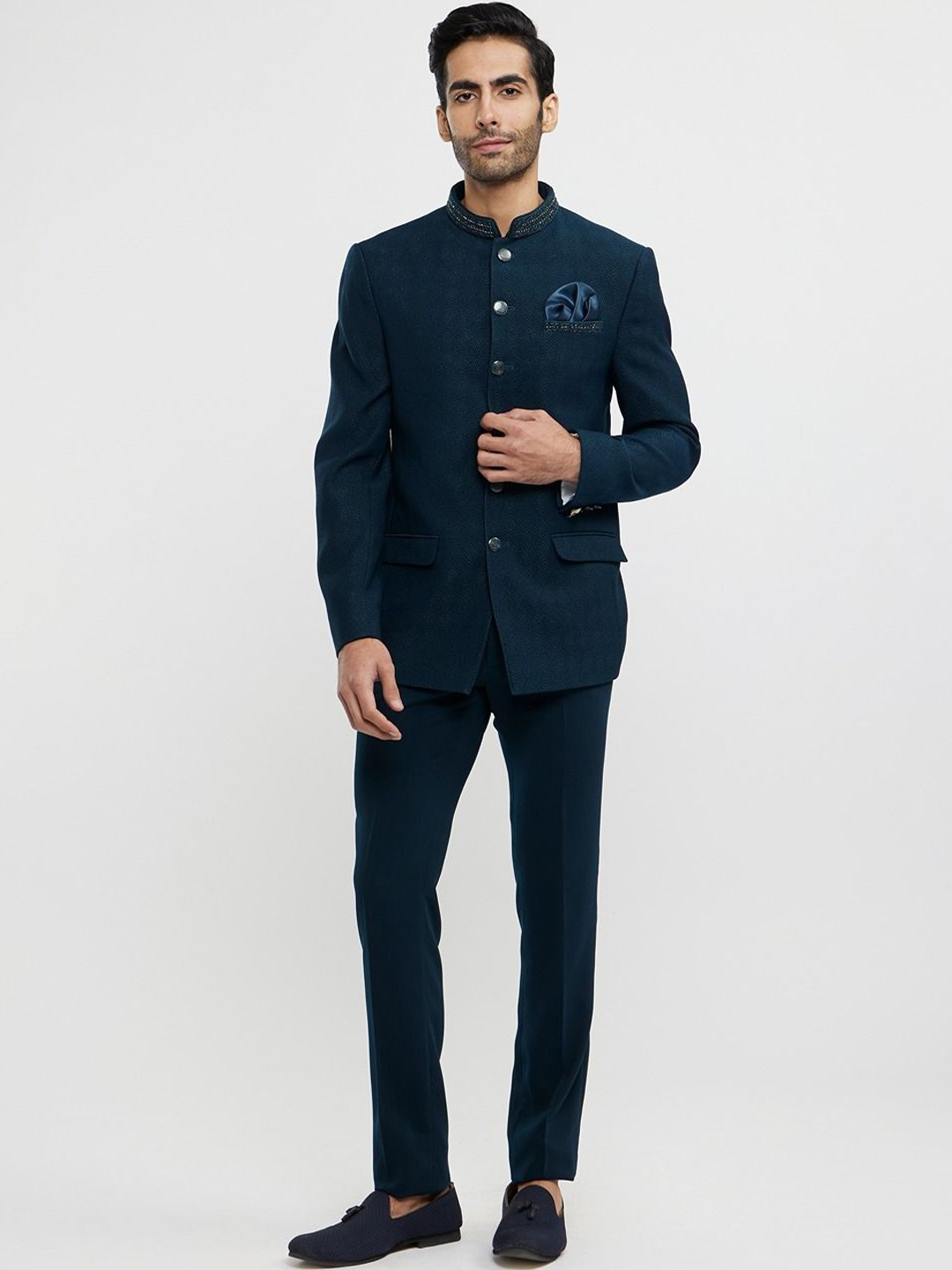 

Twamev Men Teal Blue Blended Rayon Self Design Suit Set, Navy blue