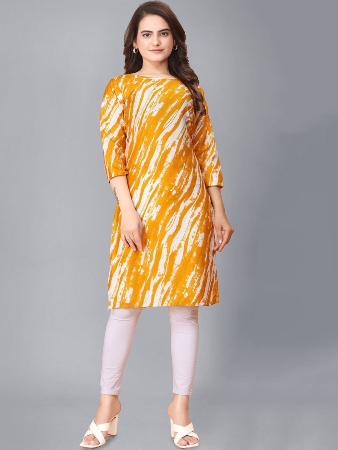 

AK FASHION MALL Women Dyed Flared Sleeves Mirror Work Crepe Kurta, Yellow