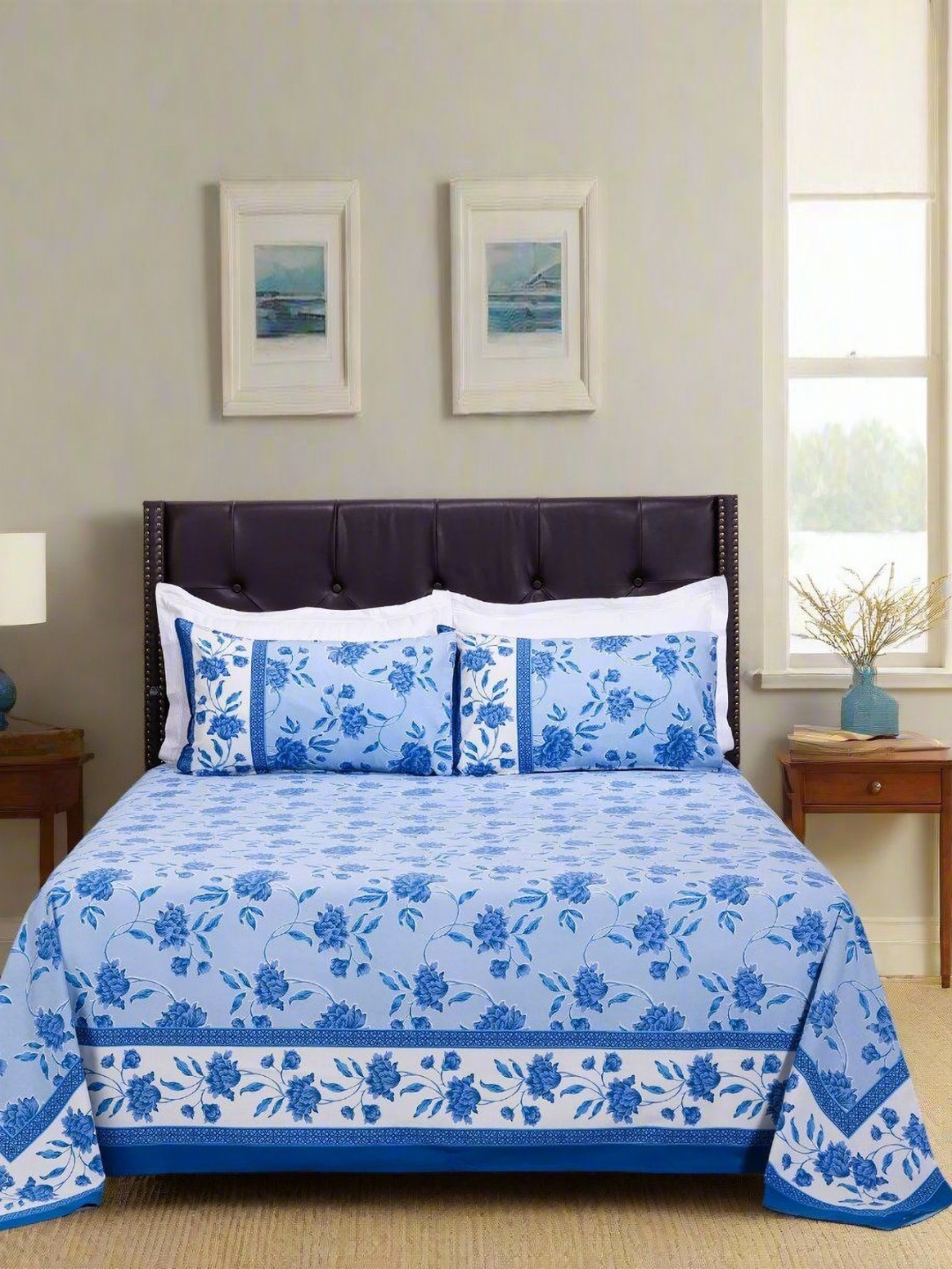 

SHAHENAZ Blue & White Floral Cotton 120 TC King Bedsheet with 2 Pillow Covers