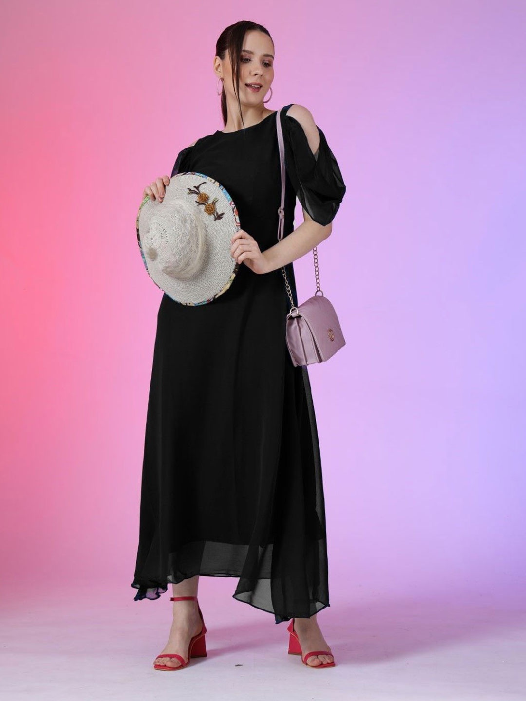 

Krunal Raiyani Georgette Cold-Shoulder Sleeves Fit & Flare Maxi Dress, Black