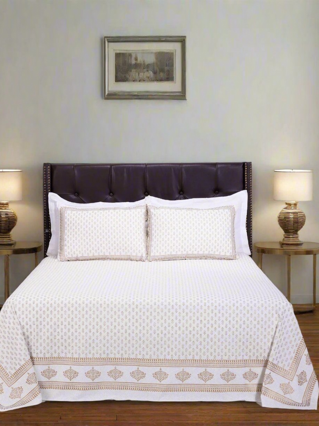 

SHAHENAZ White & Brown Ethnic Motifs 120 TC Queen Bedsheet with 2 Pillow Covers