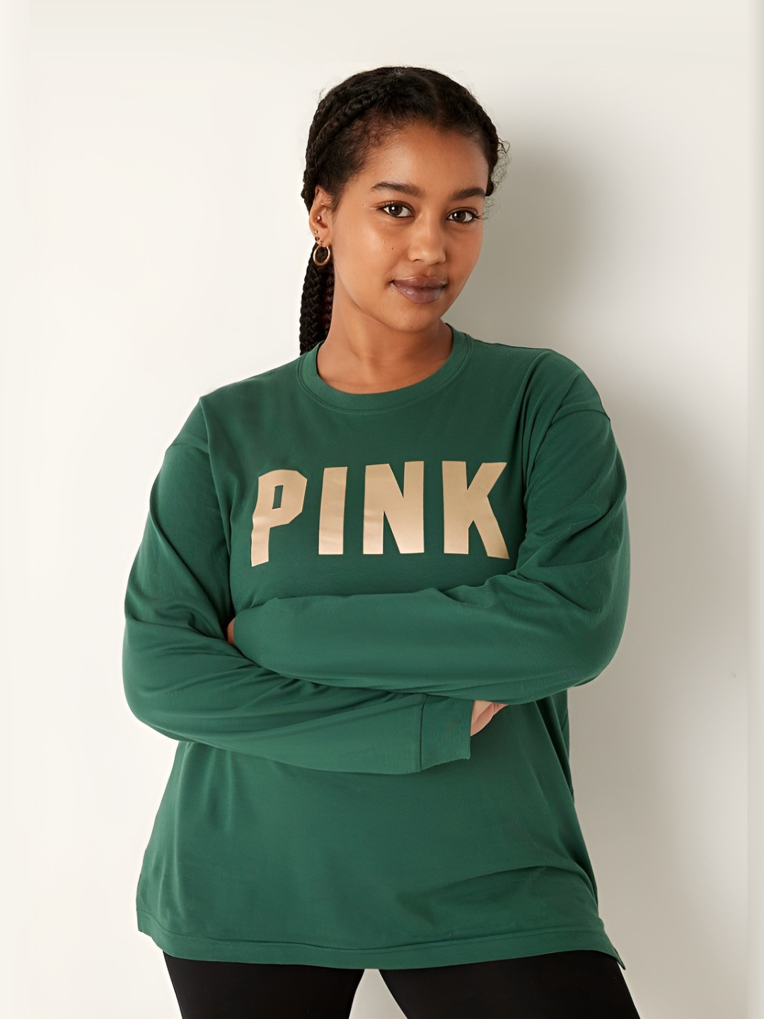 

Victoria's Secret Women Typography Printed Round Neck Cotton Relaxed Fit T-shirt, Green