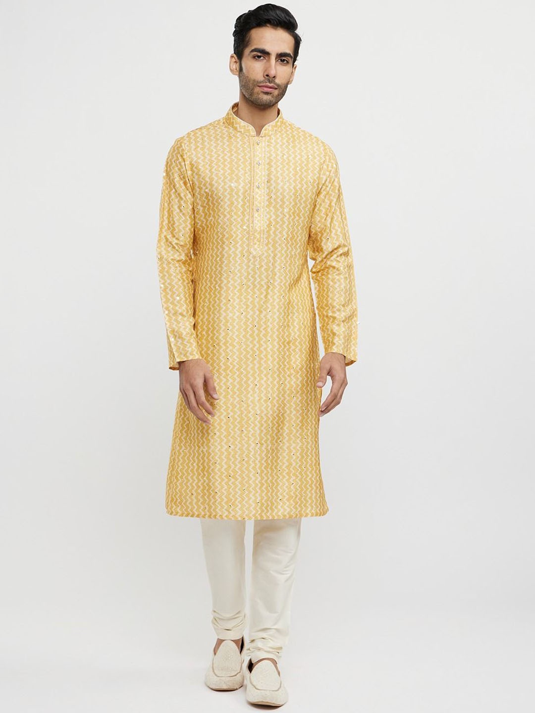 

Twamev Men Embroidered Regular Mirror Work Kurta with Churidar, Mustard