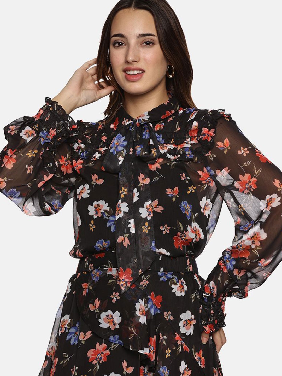 

ISU Women Floral Printed Shirt Style Longline Top, Black