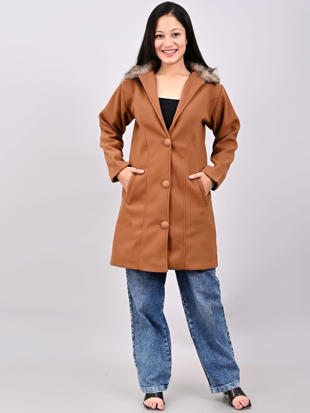 

FELLAMO Girls Single-Breasted Stand Collar Overcoat, Brown