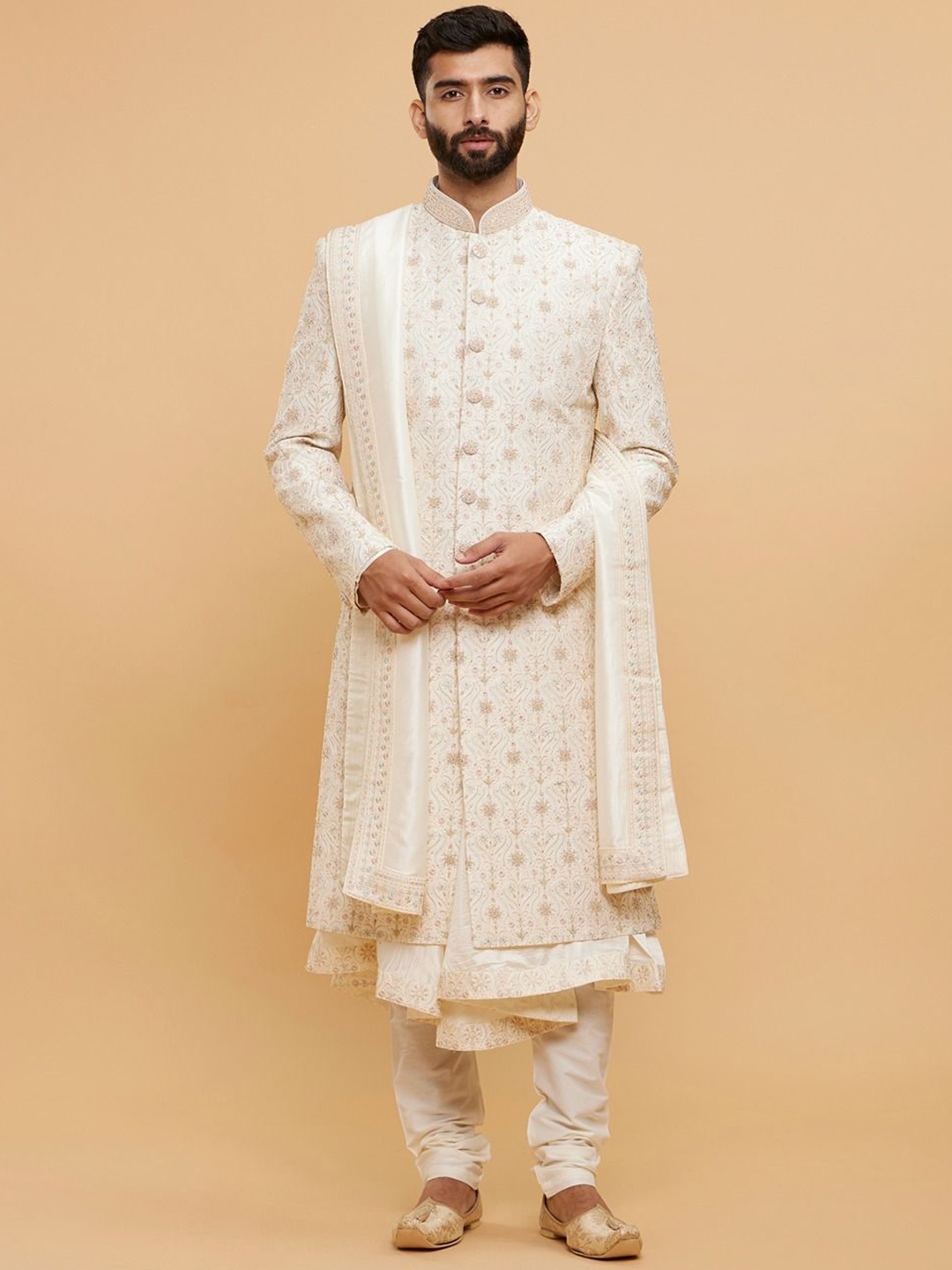 

Twamev Embroidered Sequinned & Thread Work Mandarin Collar Sherwani Set, Cream