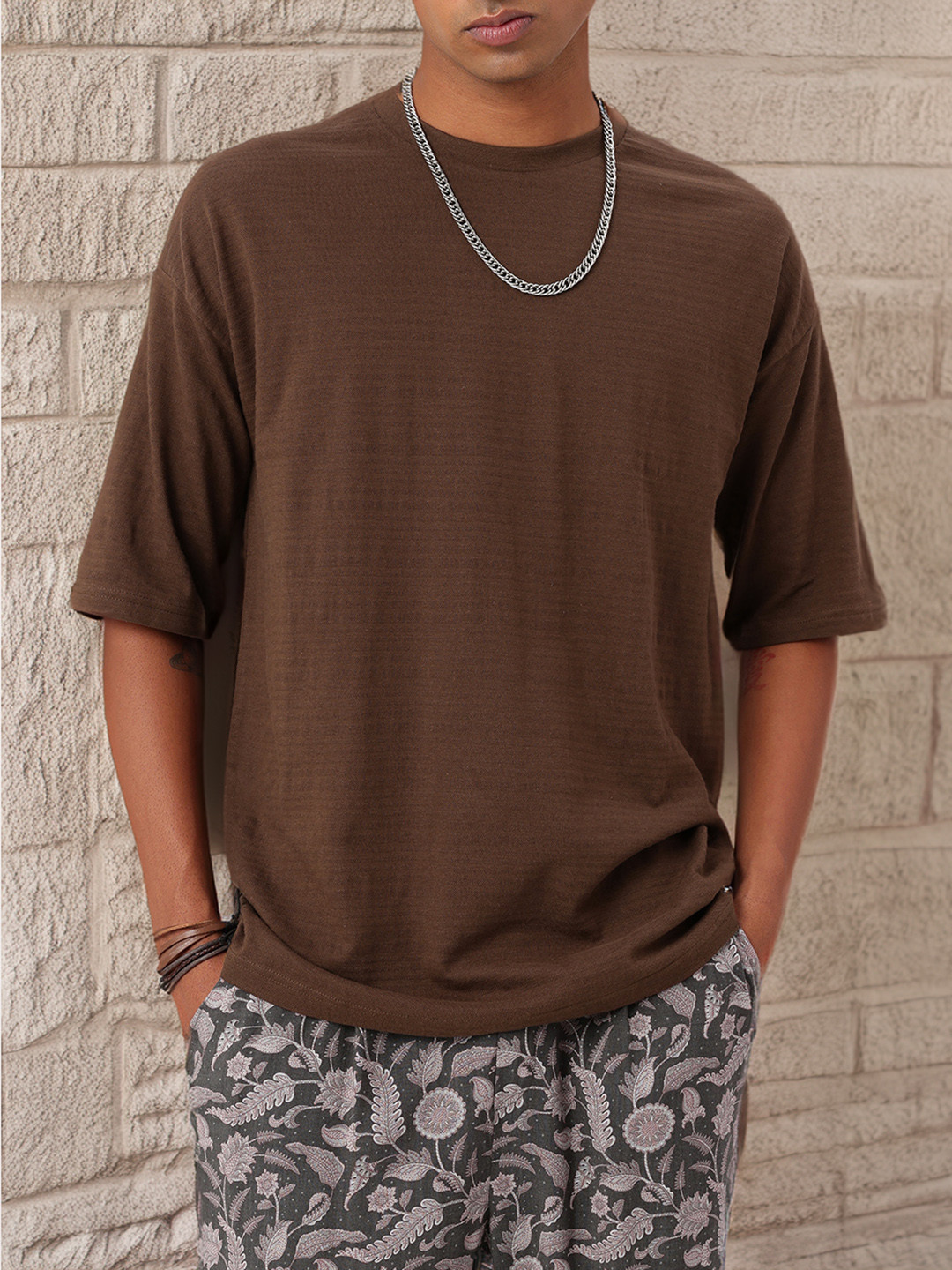

Kook N Keech Casual Utility Self Striped Textured Oversized T-shirt, Coffee brown
