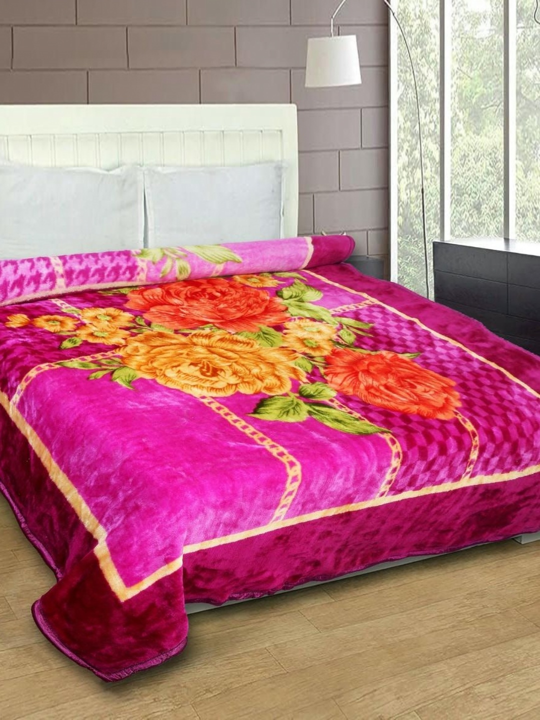 

MAGICAL Pink & Green Floral Mink 400 GSM Double Bed Blanket