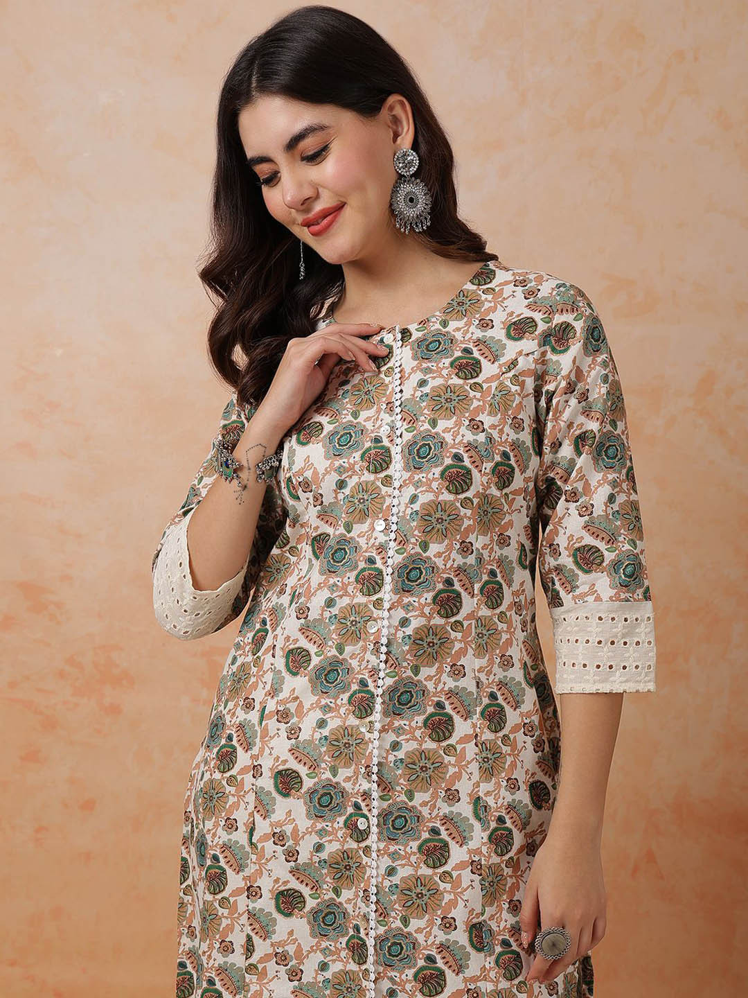 

Anouk Women Ethnic Motifs Printed Thread Work Kurta, Brown