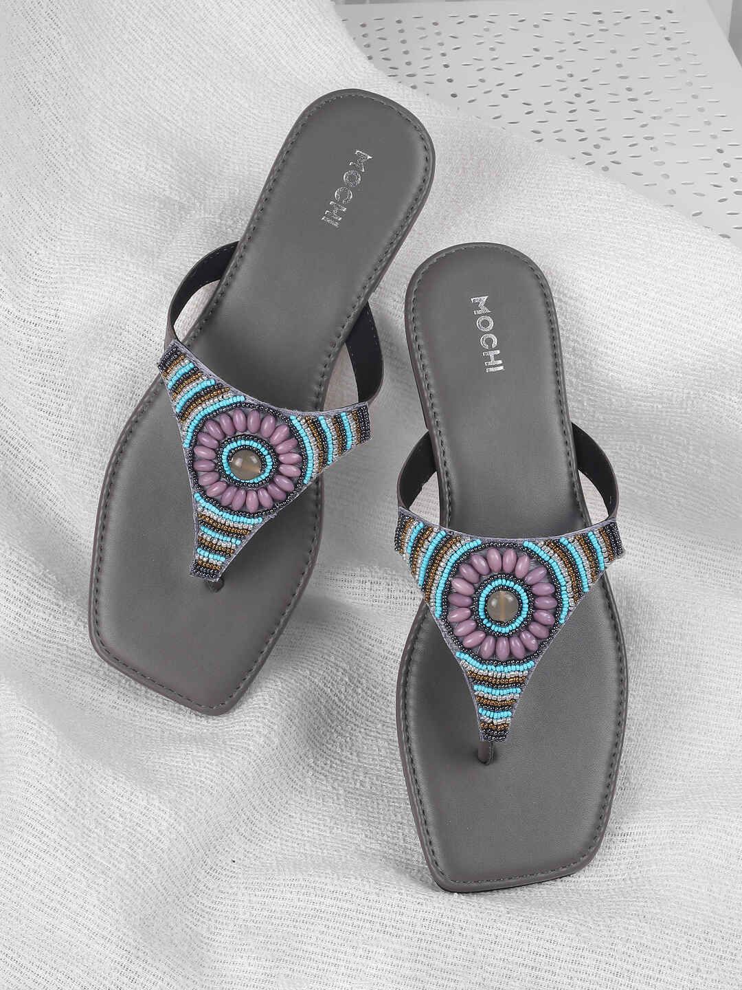 

Mochi Women Embellished T-Strap Flats, Grey