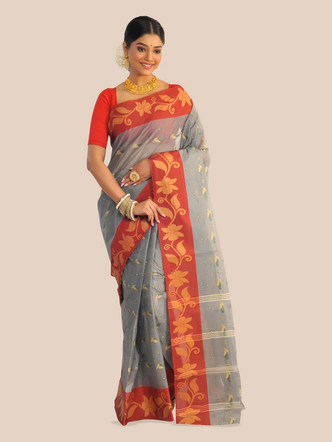 

RAJ SAREE HOUSE Woven Design Pure Cotton Taant Saree, Grey