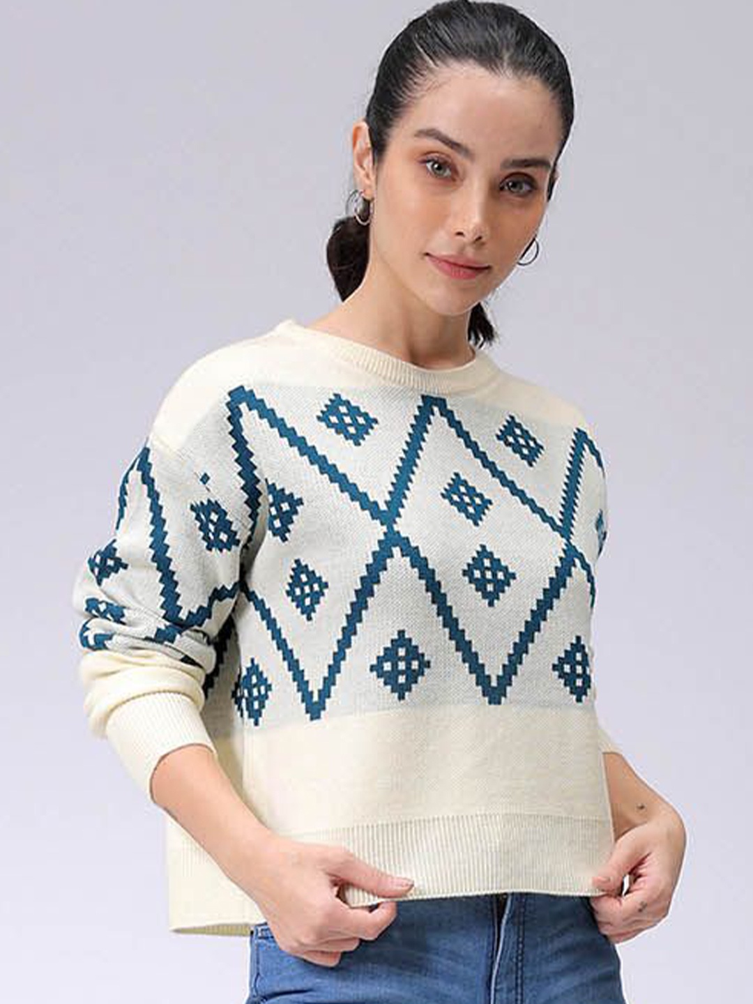 

Freehand by The Indian Garage Co Women Self Design Casual Pullover Sweaters, Off white