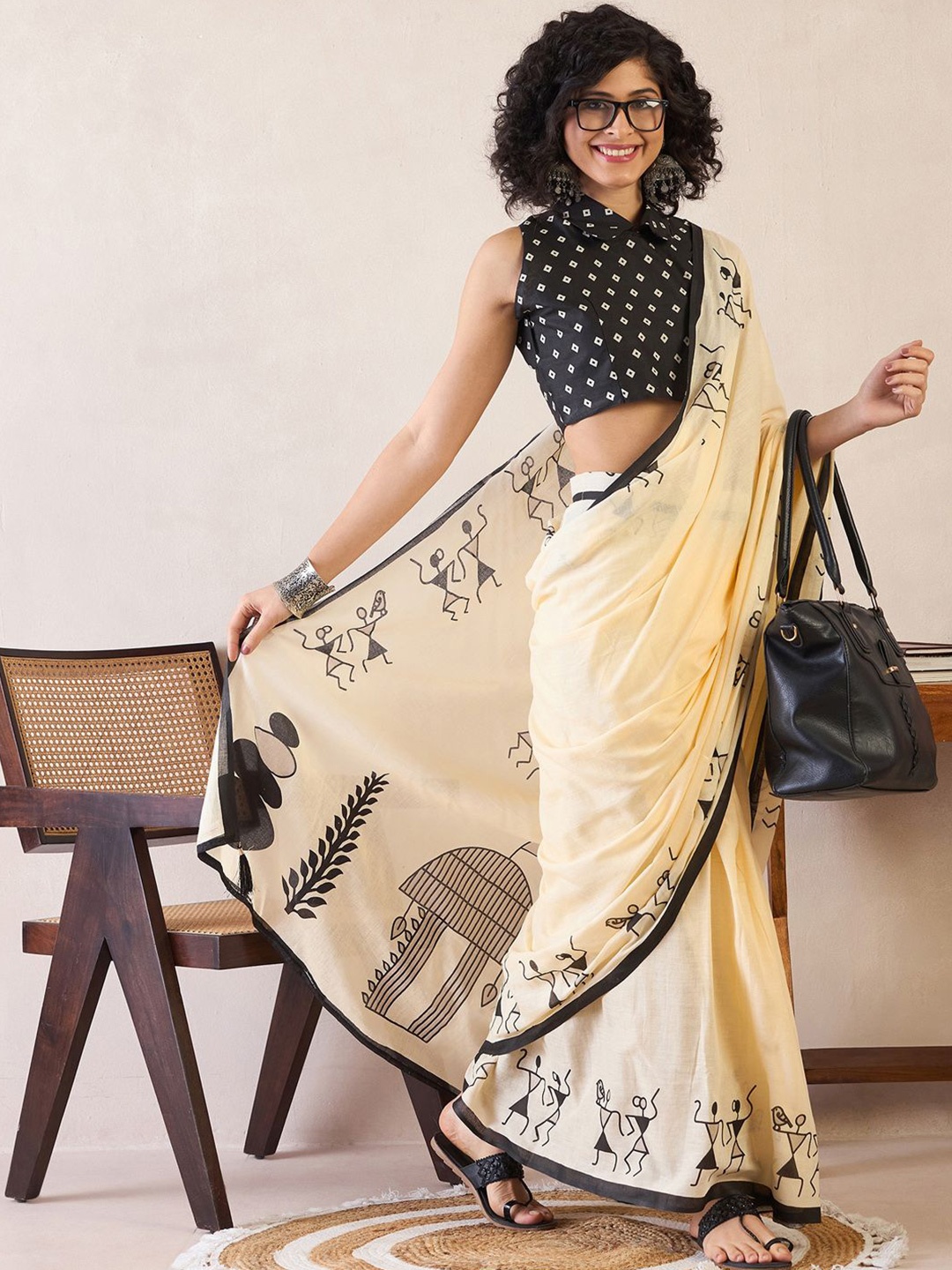 

Saree mall Warli Ready to Wear Bagh Sarees, Yellow