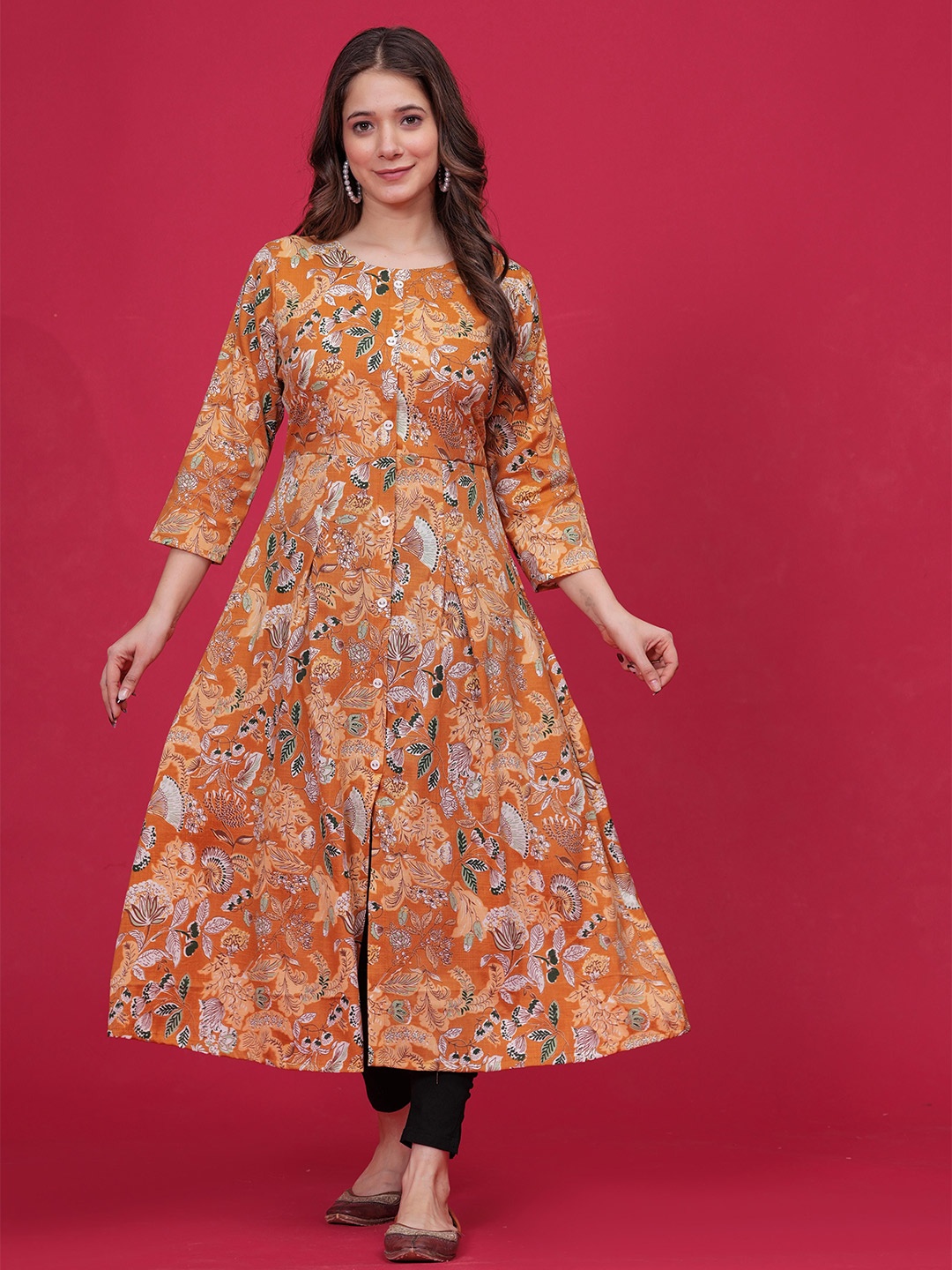 

DIZON Floral Printed Cotton A-Line Kurta, Orange