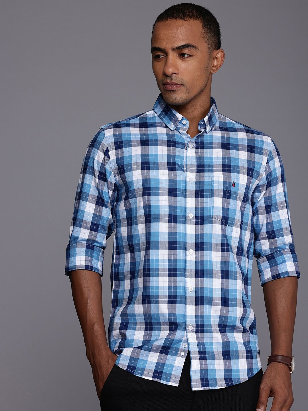 

Louis Philippe Sport Pure Cotton Super Slim Fit Opaque Checked Casual Shirt, Blue