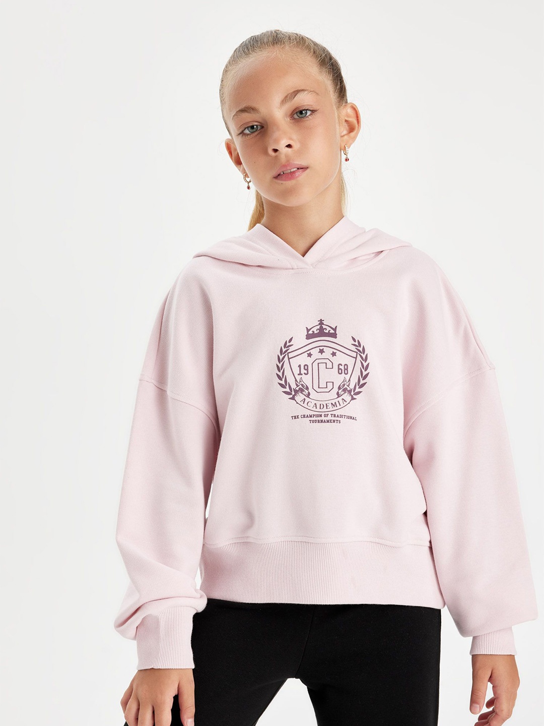 

DeFacto Girls Cotton Typography Printed Long Sleeves Hooded Pullover, Pink