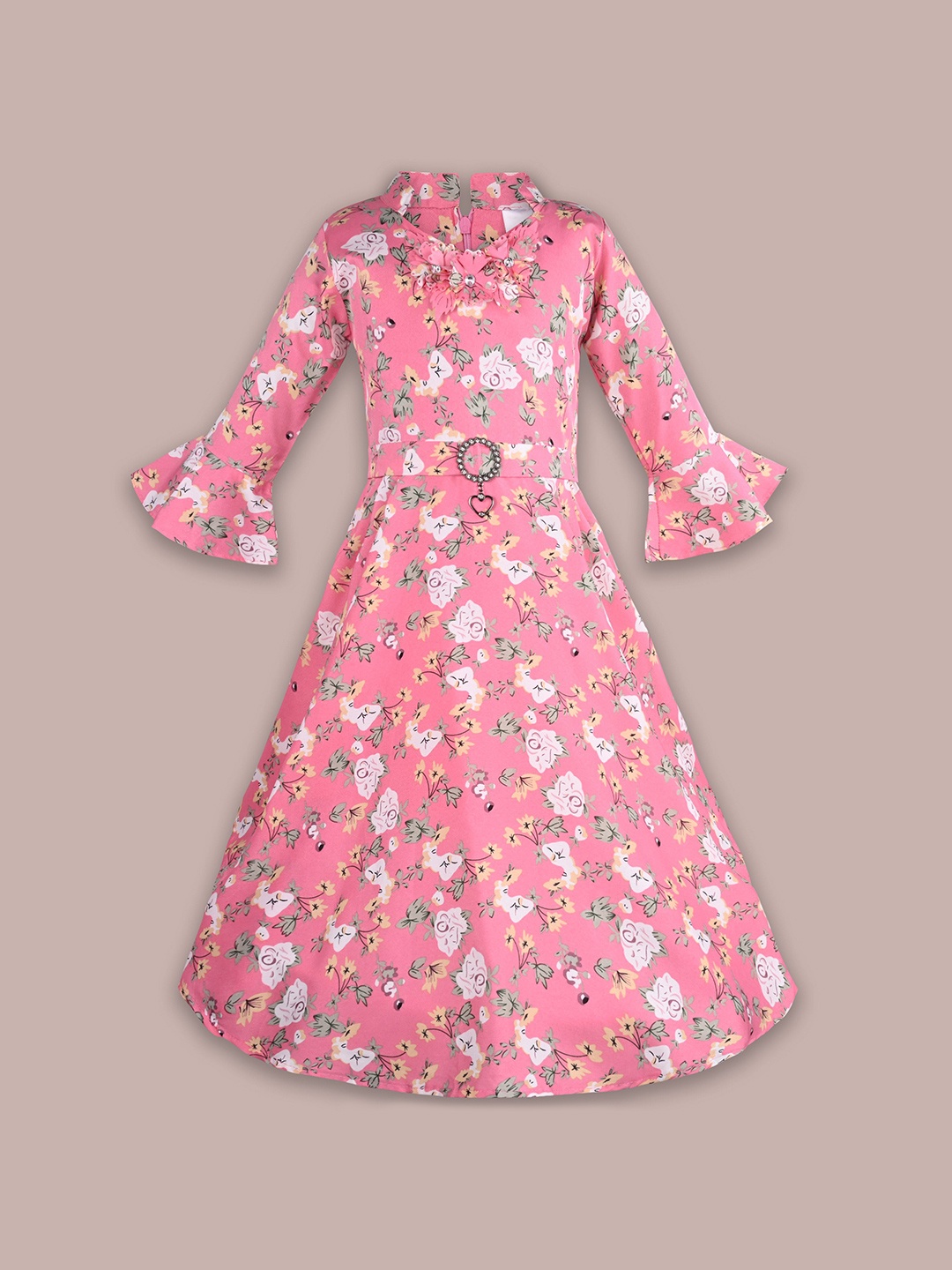 

Wish Karo Floral Print Bell Sleeve Satin Fit & Flare Dress, Pink