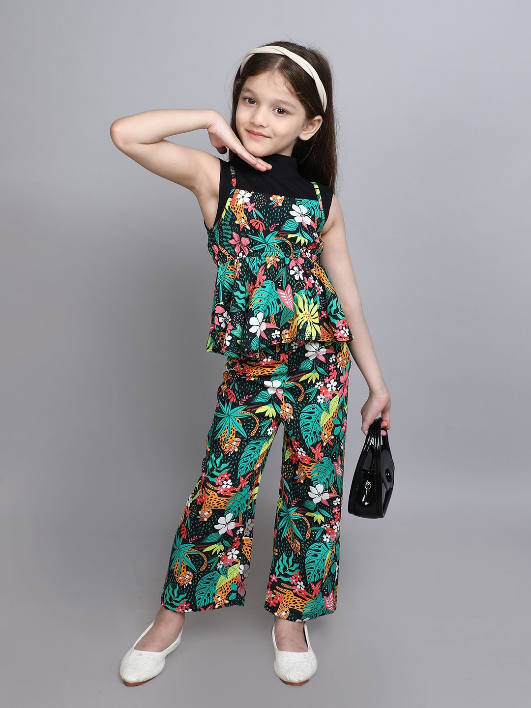 

taffykids Girls Printed Top with Trousers, Black