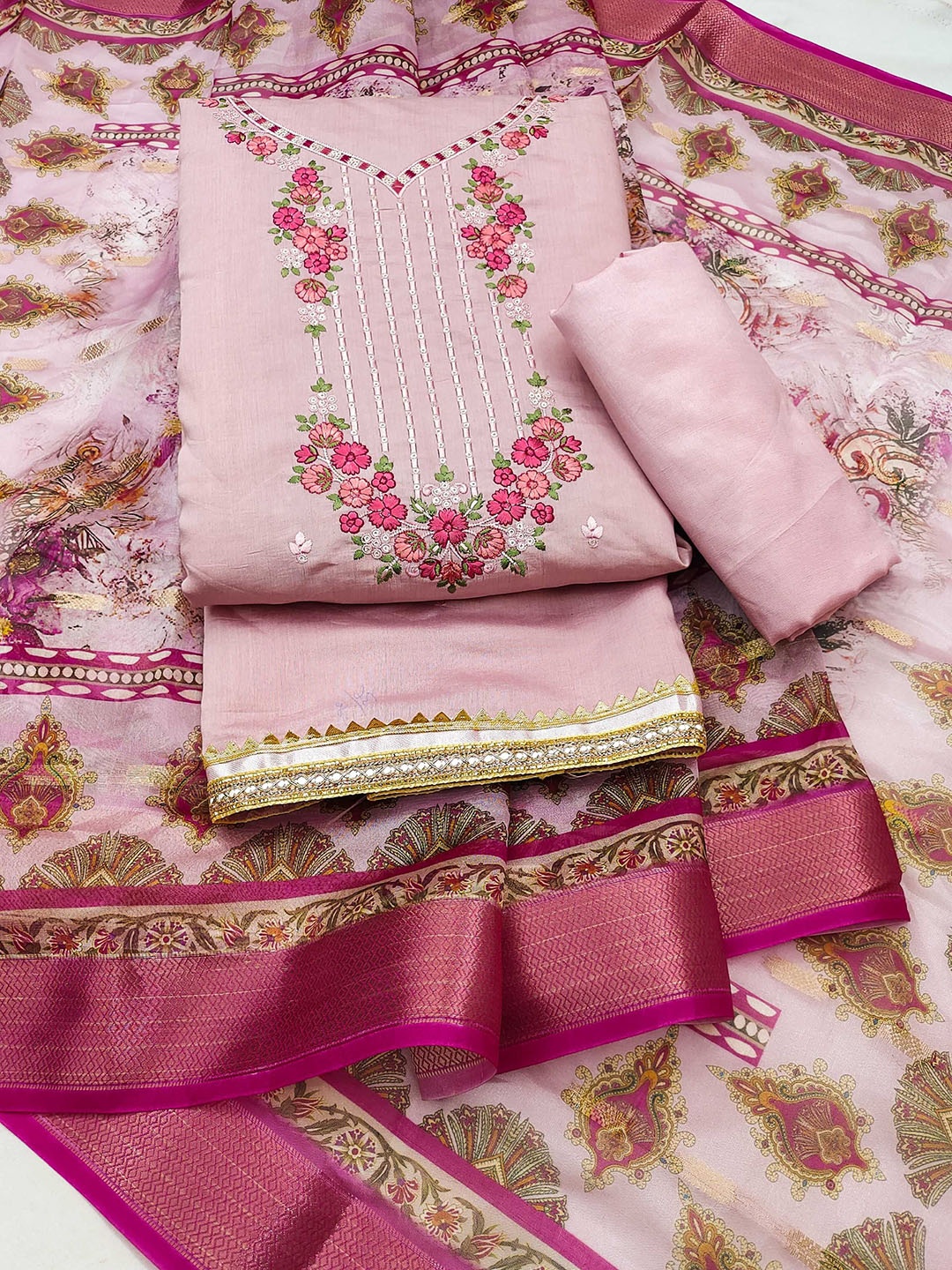 

KALINI Embroidered Art Silk Unstitched Dress Material, Pink