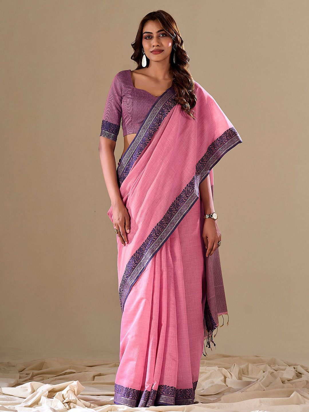 

Satrani Woven Design Zari Pure Cotton Banarasi Saree, Pink