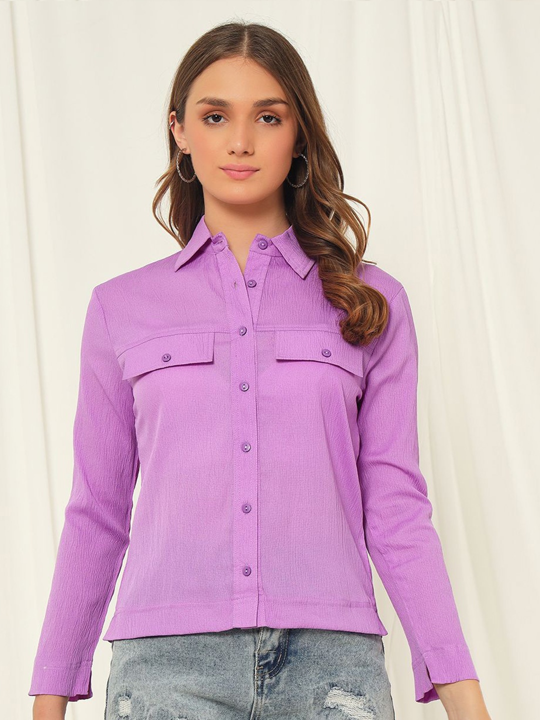 

TANDUL Women Standard Spread Collar Textured Casual Shirt, Lavender