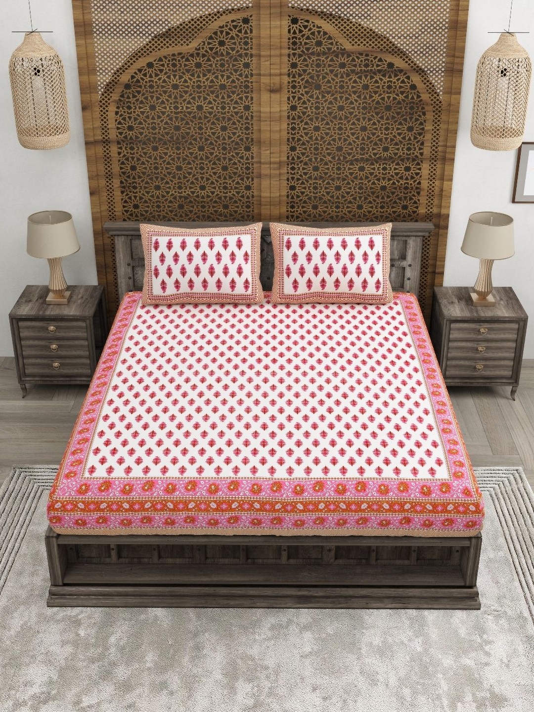 

CLOTHOLOGY Pink Floral Printed Pure Cotton 180 TC King Bedsheet Set-2.75 m X 2.25 m