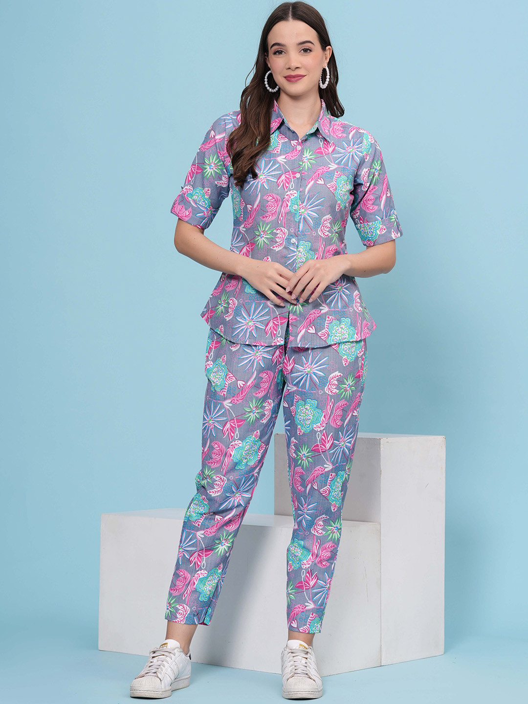 

HEARTLOOM Floral Printed Pure Cotton Shirt & Trouser Co-Ords, Grey