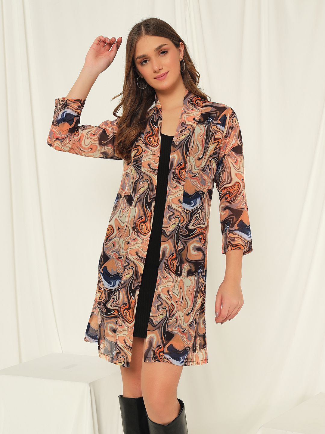 

BAESD Women Printed Longline Shrug, Brown