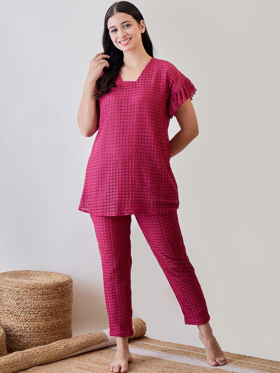 

The Kaftan Company Women Lace Printed Night suit, Pink