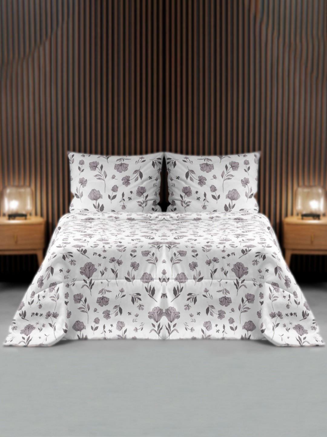 

VINTANA Grey & White Floral 160 TC King Bedsheet with 2 Pillow Covers