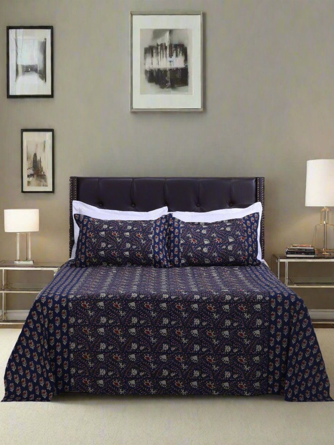

SHAHENAZ Navy Blue & Red Floral 120 TC Queen Bedsheet with 2 Pillow Covers