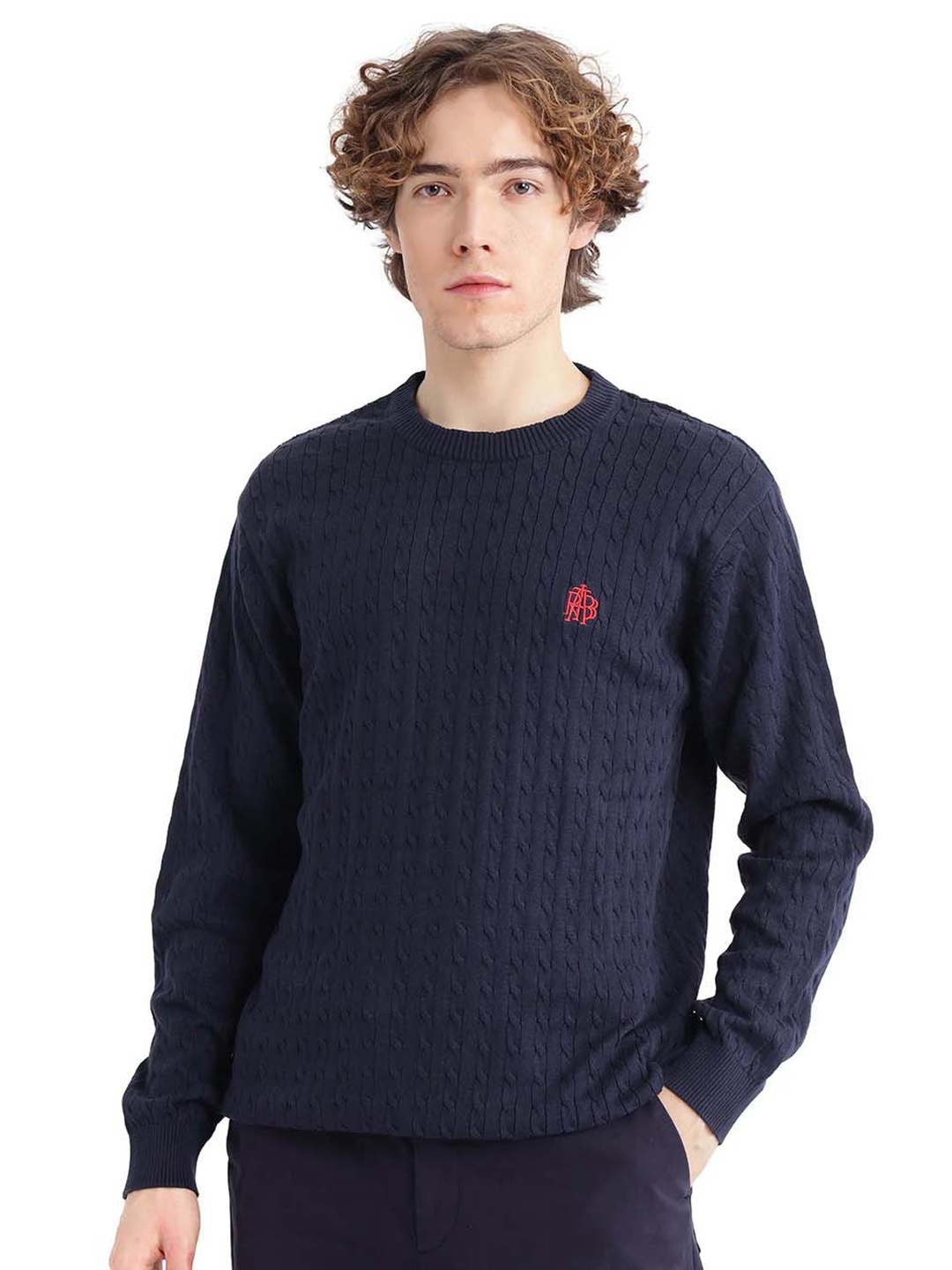 

RARE RABBIT Men Cable Knit Self Design Cotton Pullover, Navy blue