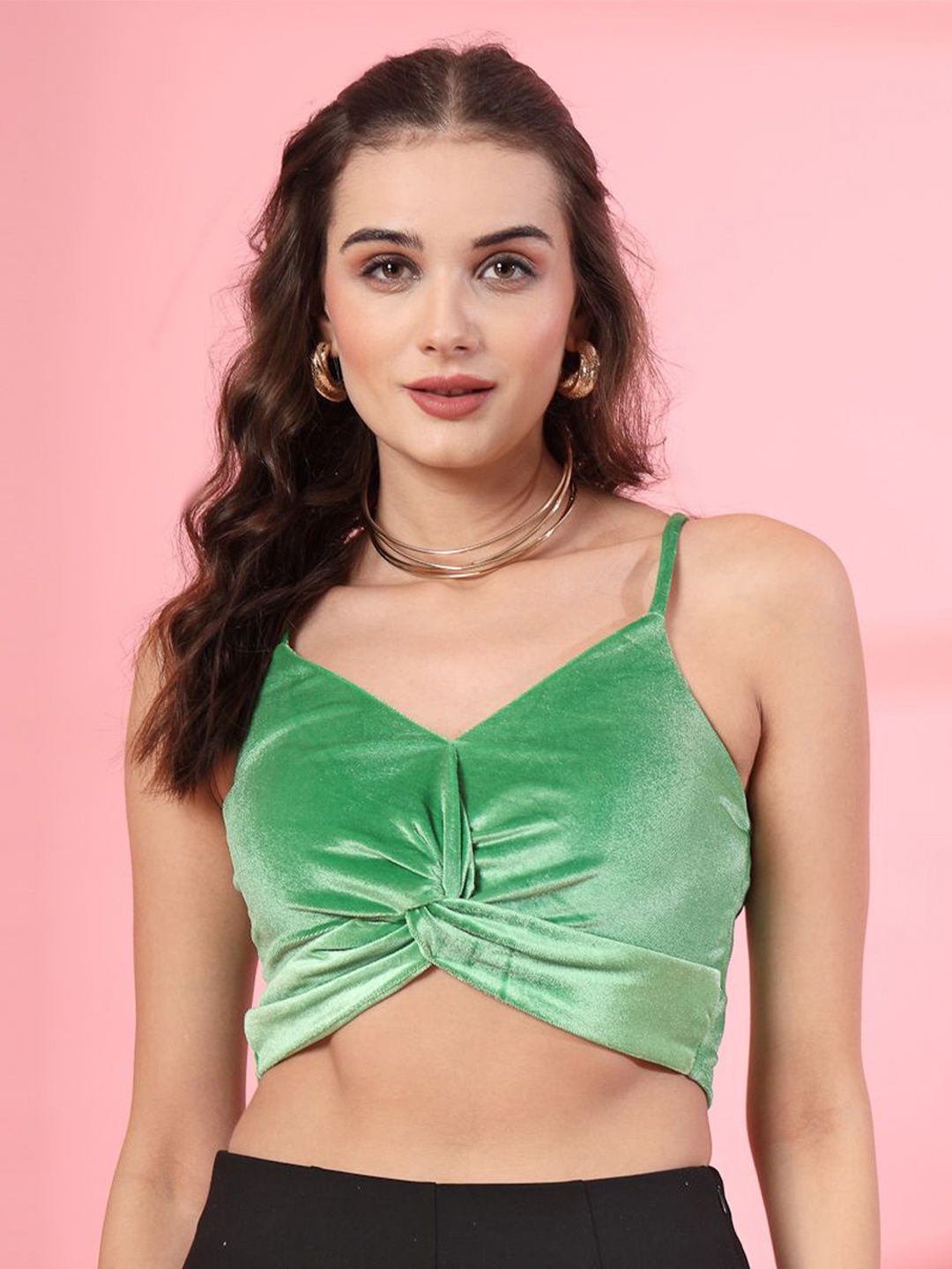 

STYLECAST X KASSUALLY Twisted Velvet Blouson Crop Top, Green