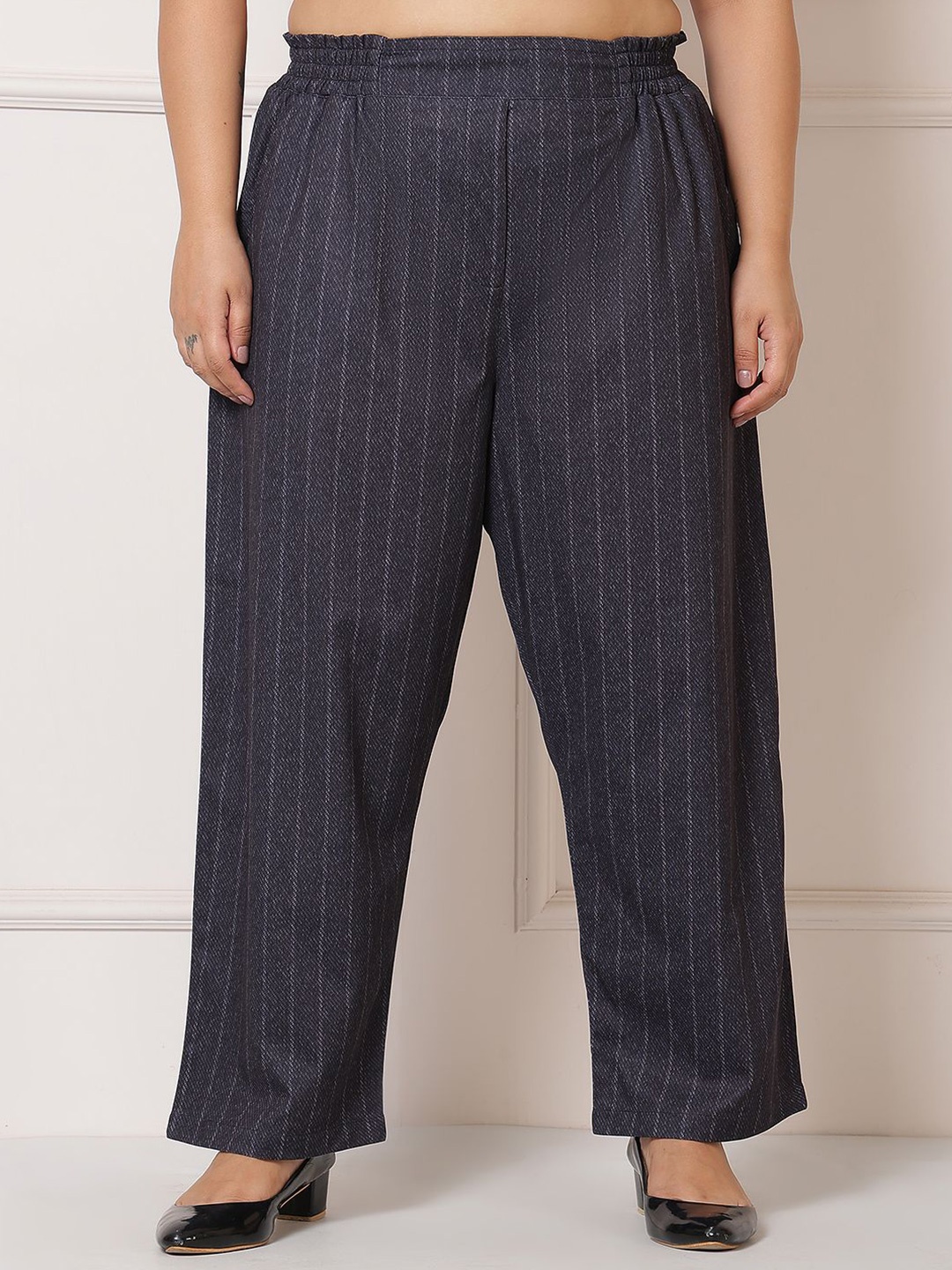 

Amydus Women Striped Cotton Plus Size Regular Fit Mid-Rise Regular Trousers, Black