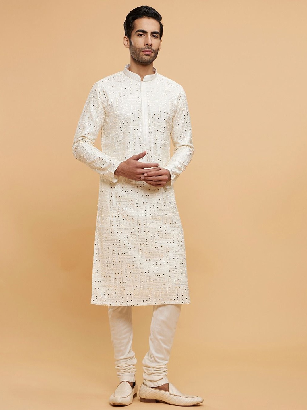 

Twamev Men Ethnic Motifs Embroidered Regular Mirror Work Kurta with Churidar, White