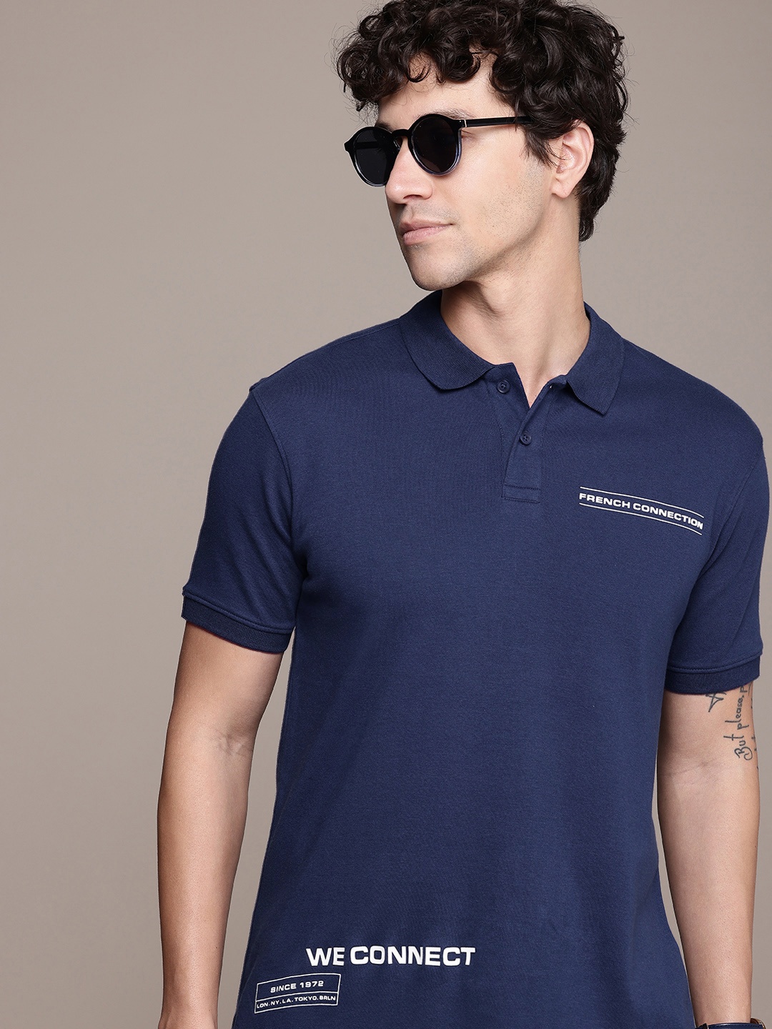 

French Connection Typography Printed Polo Collar Pure Cotton T-shirt, Blue