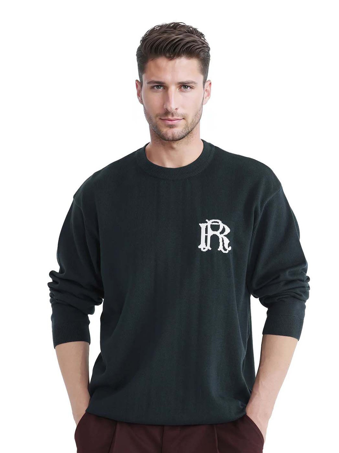 

RARE RABBIT Men Round Neck Cotton Pullover, Green