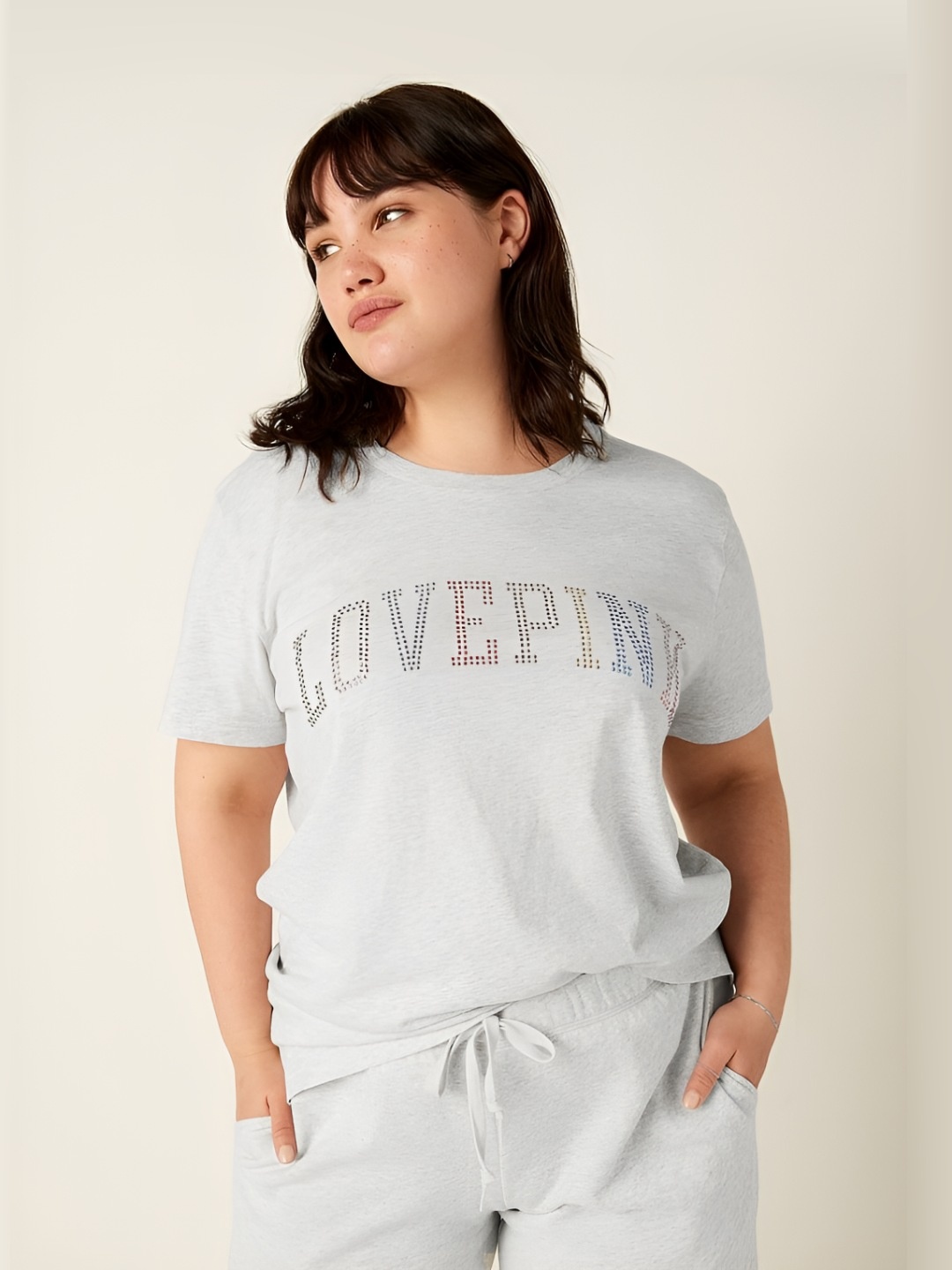 

Victoria's Secret Women Typography Printed Round Neck Cotton Relaxed Fit T-shirt, Grey