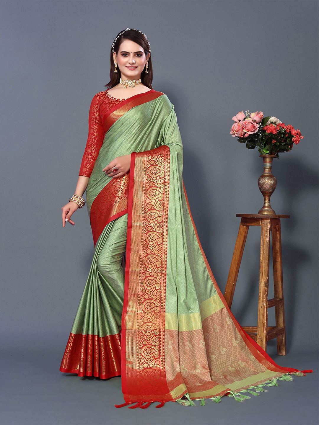 

KALINI Woven Design Zari Silk Blend Chanderi Saree, Green