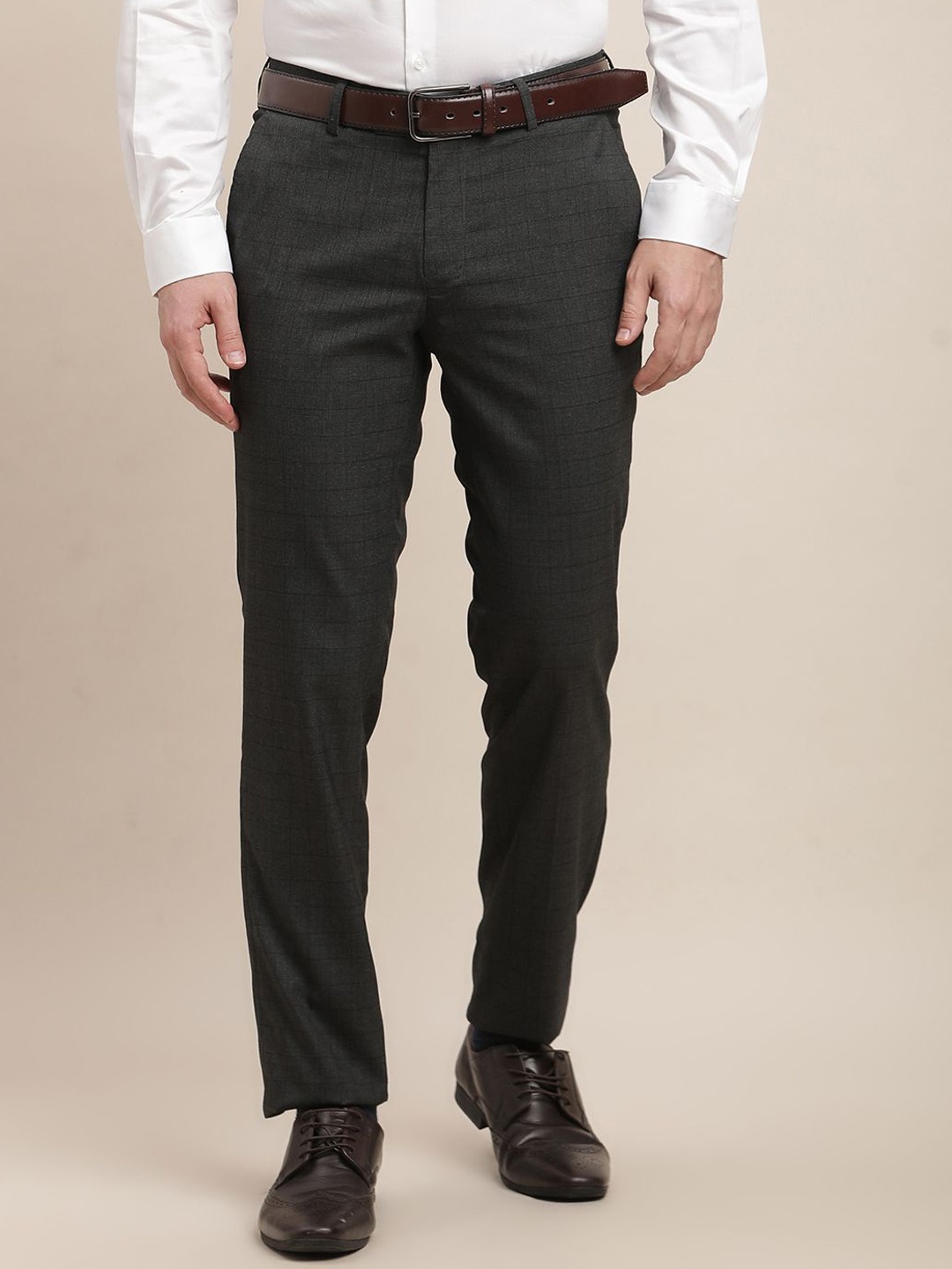 

Turtle Men Checked Tailored Slim Fit Formal Trousers, Charcoal