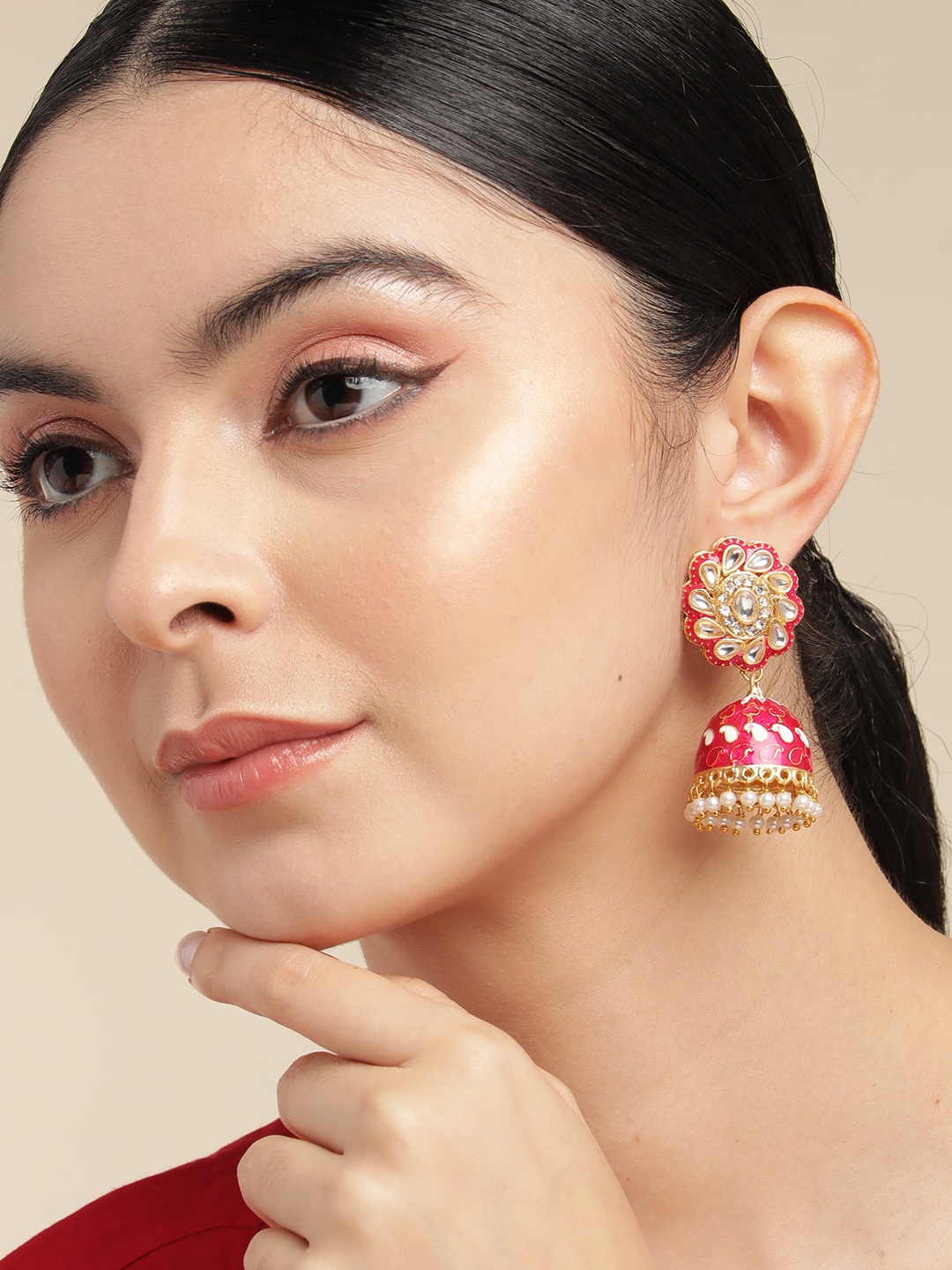 

Anouk Gold-Plated Artificial Stones and Beads Dome Shaped Jhumkas, Pink