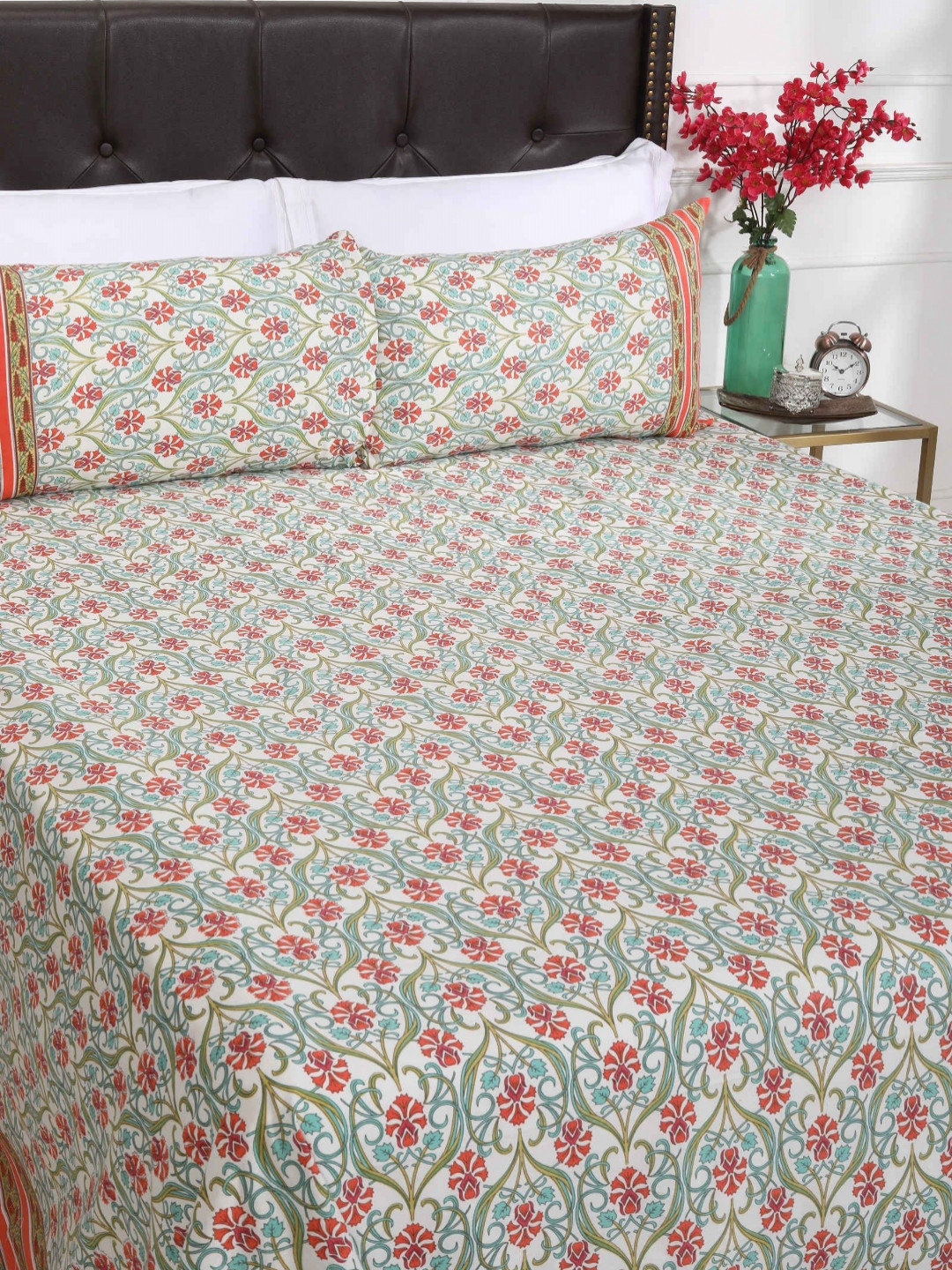 

SHAHENAZ Orange & Green Floral Cotton 120 TC Super King Bedsheet Set-2.7 m X 2.5 m