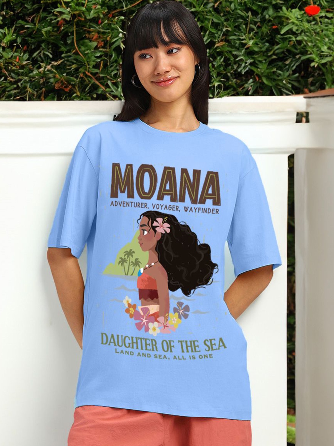

JUNEBERRY Disney Moana Printed Drop-Shoulder Sleeves Pure Cotton Oversized Tshirt, Blue