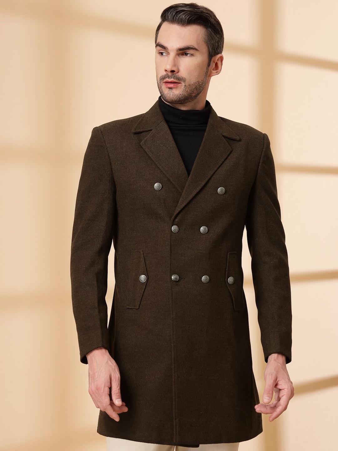 

KLOTTHE Notched Lapel Double Breasted Woollen Trench Coat, Brown