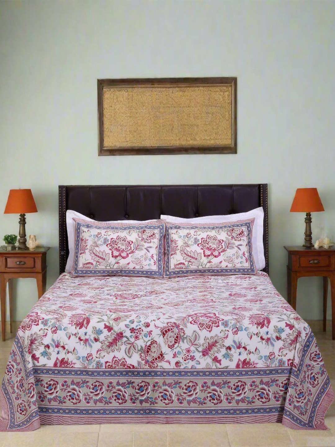

SHAHENAZ Pink & Blue Floral 120 TC Queen Bedsheet with 2 Pillow Covers