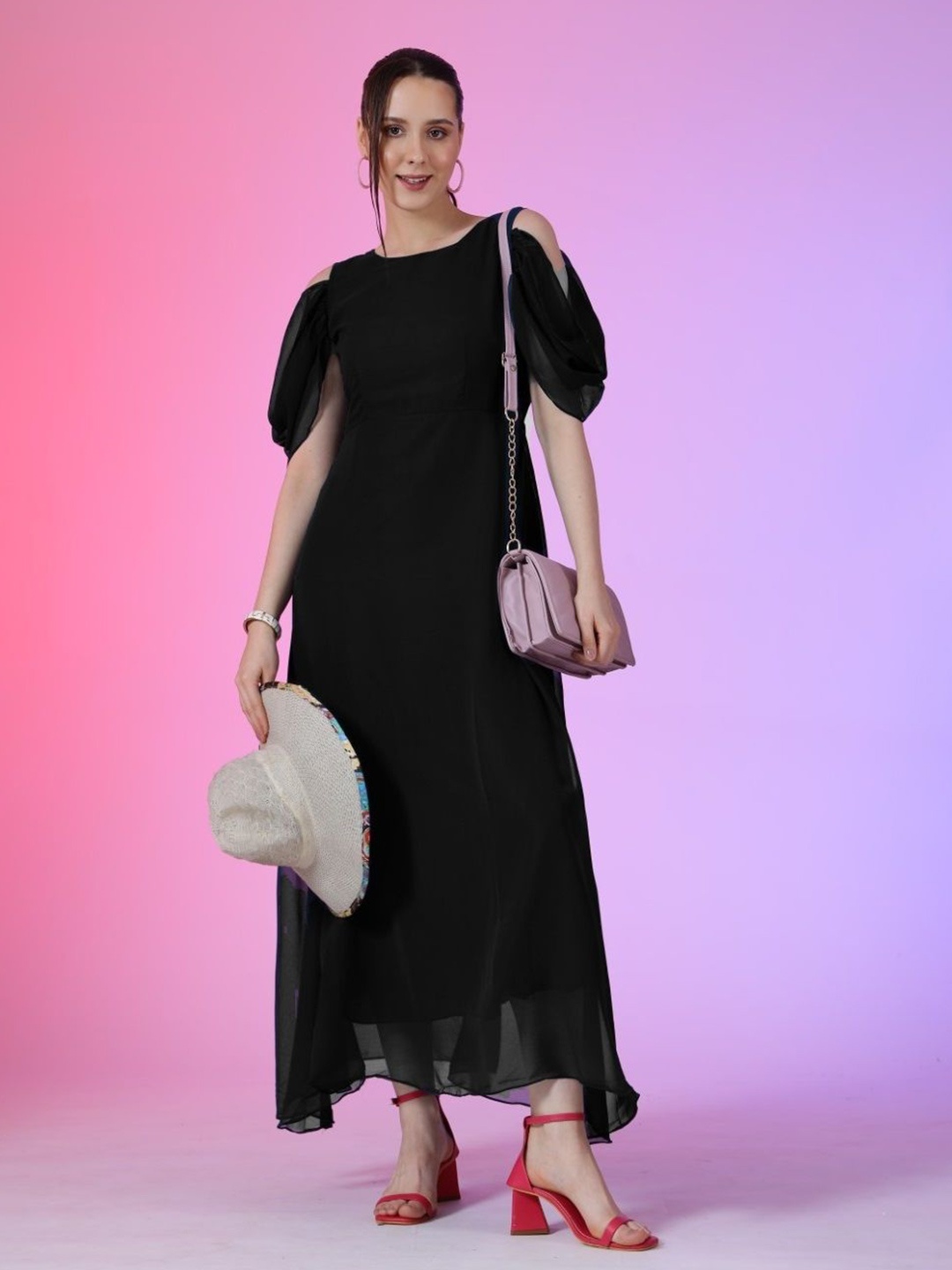 

Femvy Women Bell Sleeve Fit & Flare Maxi Dress, Black
