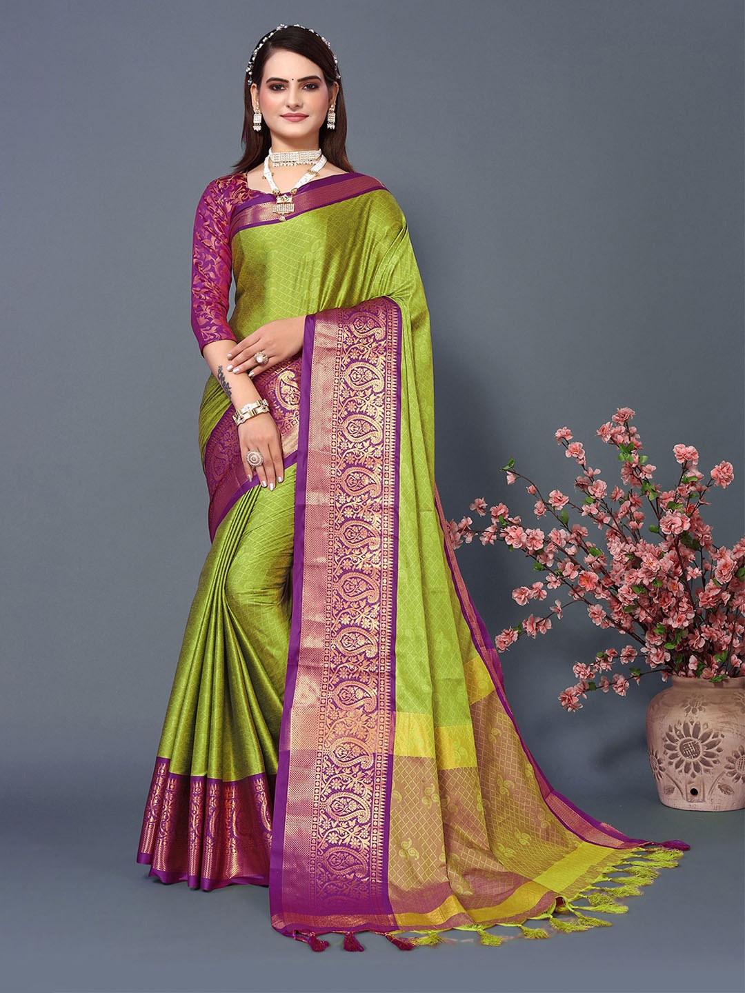 

KALINI Woven Design Zari Silk Blend Chanderi Saree, Green