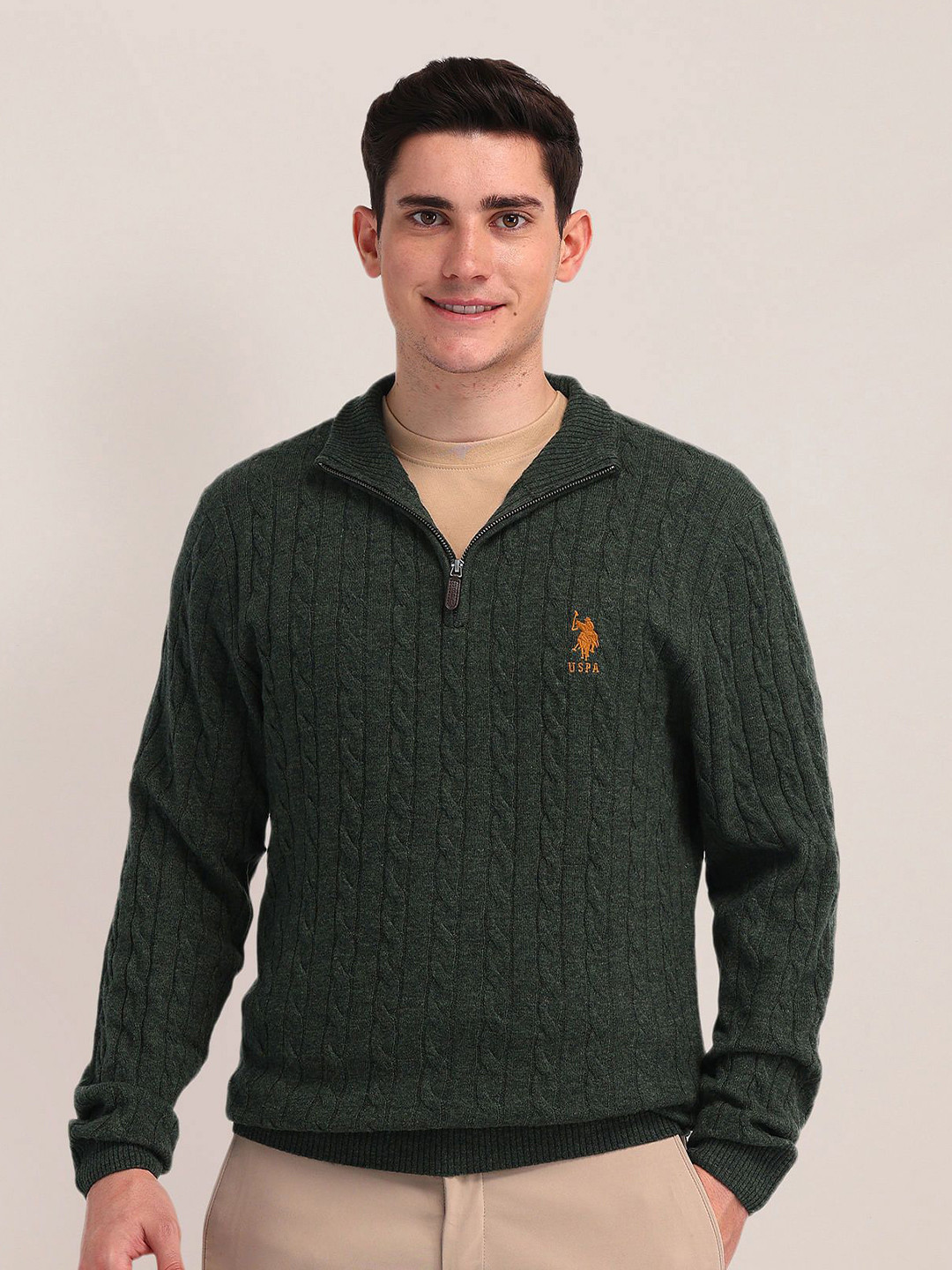 

U.S. Polo Assn. Men Cable Knit Mock Collar Woollen Pullover Sweater, Green