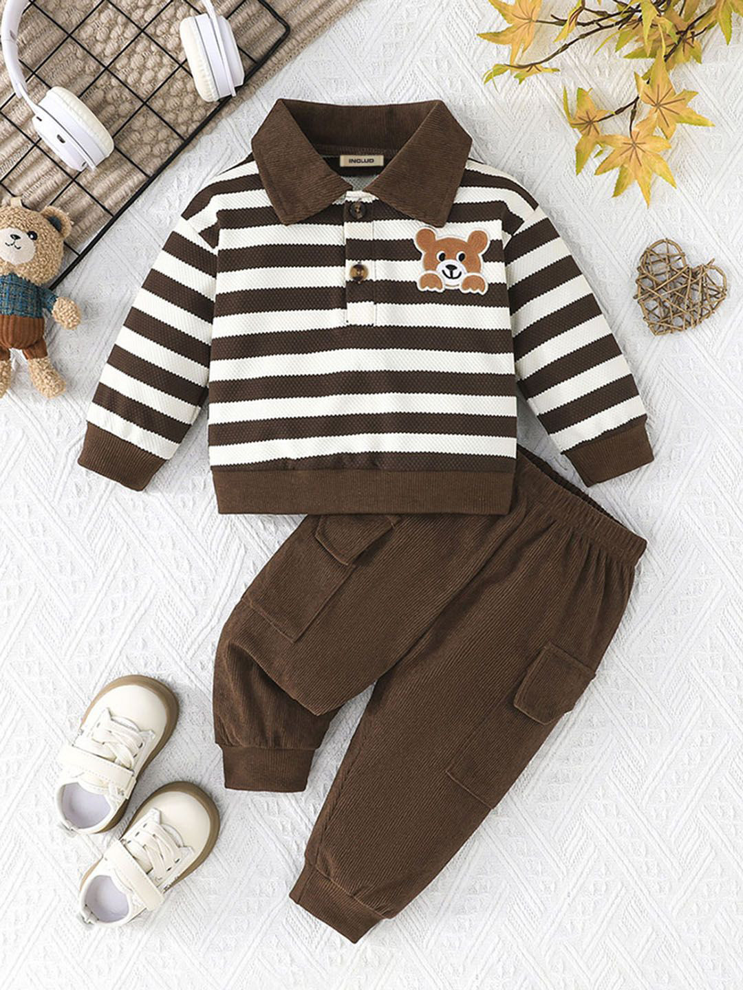 

INCLUD Boys Striped T-shirt with Trousers, Brown